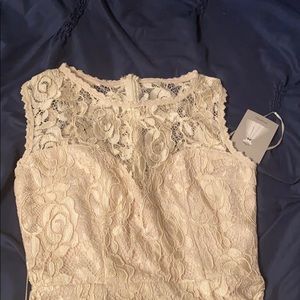 Maniju Beige Lace Maxi Dress w/tie waist side slit